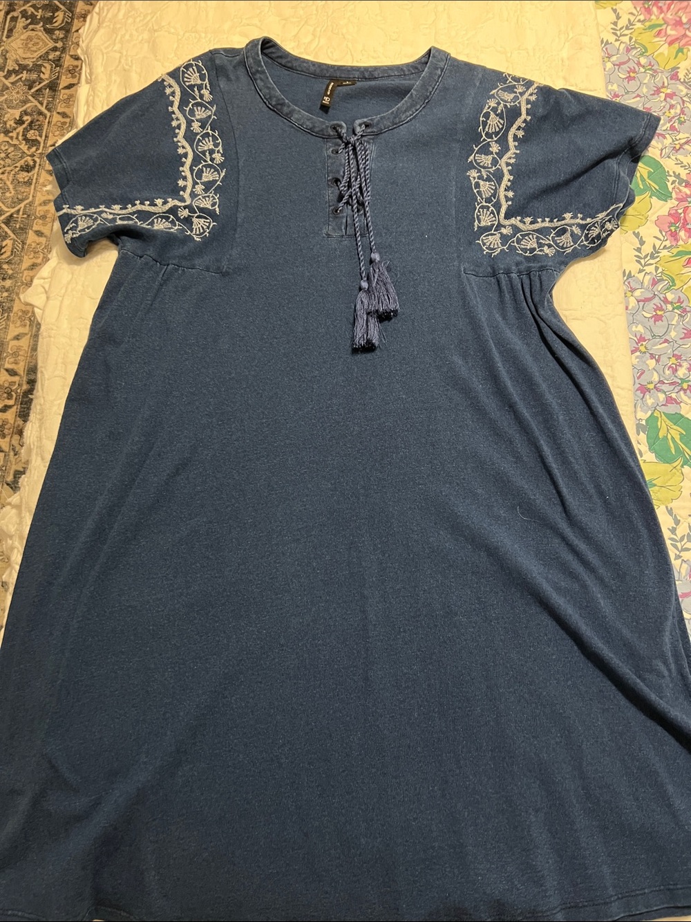 new directions Navy Blue Embroidered Tassel Mini Dress
